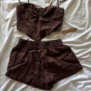 Reformation Brown Two-Piece Linen Crop Top & Shorts Set